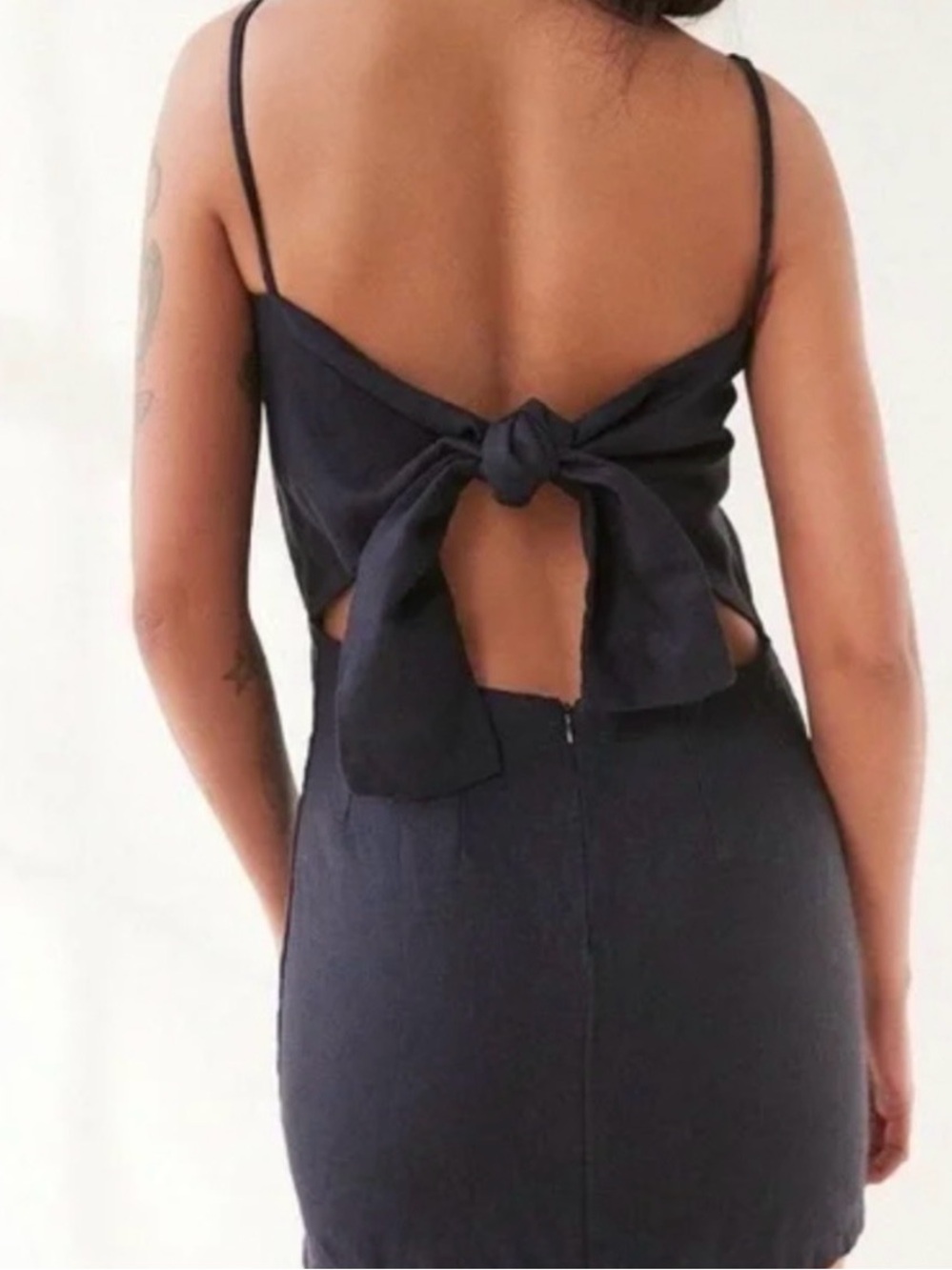 SIR. Linen Tie-Back Spaghetti Strap Mini Dress in Navy